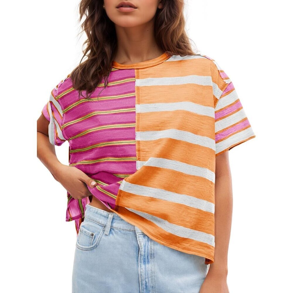 Womens Summer Striped Shirts Casual Color Block Short Sleeve Tops Loose Fit Crew